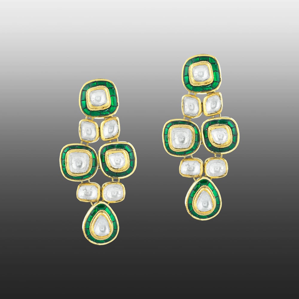 Emerald Green Talaf Polki Earrings with Tiered Polkis